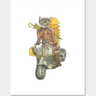 Steampunk Yellow Umbrella Cat Riding Motorcycle Posters and Art